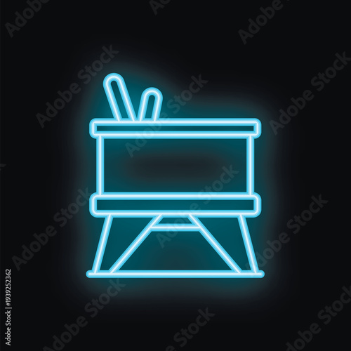 Neon icon of a circus podium with crossbars glowing in blue light on a black background