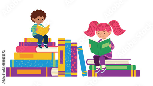 Two happy children, a boy and a girl, sit on stacks of colorful books, eagerly reading, symbolizing a love for learning and literature.