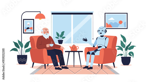 An elderly man and a friendly robot enjoy tea and conversation in a cozy living room, symbolizing future companionship and smart home assistance.