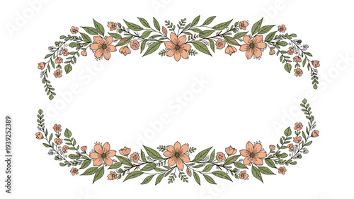 A beautiful oval floral frame with delicate peach-colored flowers and lush green leaves, perfect for invitations or decorative elements.