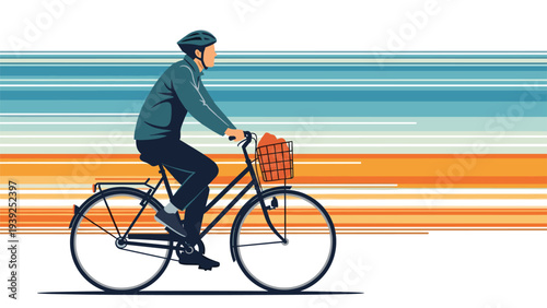 A man wearing a helmet rides a bicycle with a basket of goods against a vibrant striped background, representing urban commuting and active lifestyle.