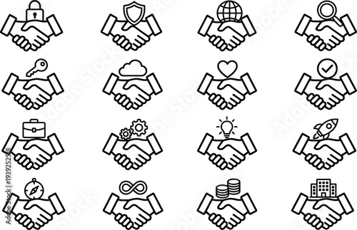Black line art handshake icons set with various business and partnership symbols