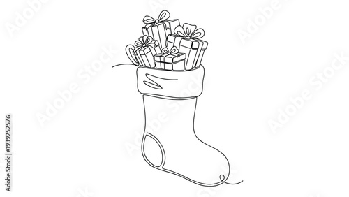 A continuous line drawing of a Christmas stocking filled with wrapped gifts, symbolizing holiday cheer and festive surprises.
