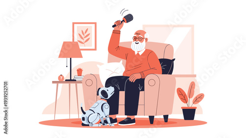 A happy elderly man in an armchair plays with a robotic dog, symbolizing future companionship for seniors and smart pet technology.