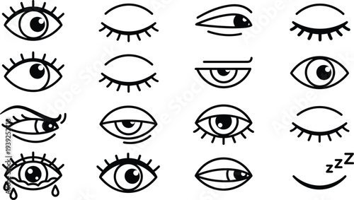 Collection of various eye expressions and emotions in black and white