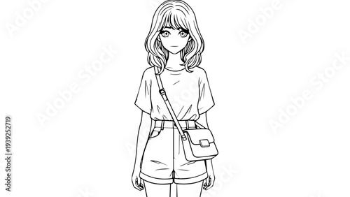 Black and white line art vector of a young woman standing, casual outfit with t-shirt and short shorts, crossbody bag and shoulder strap illustration