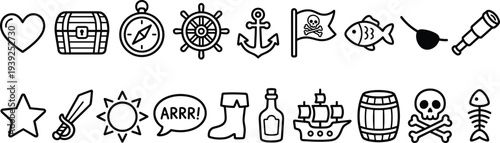 A set of various pirate themed icons and symbols in black and white