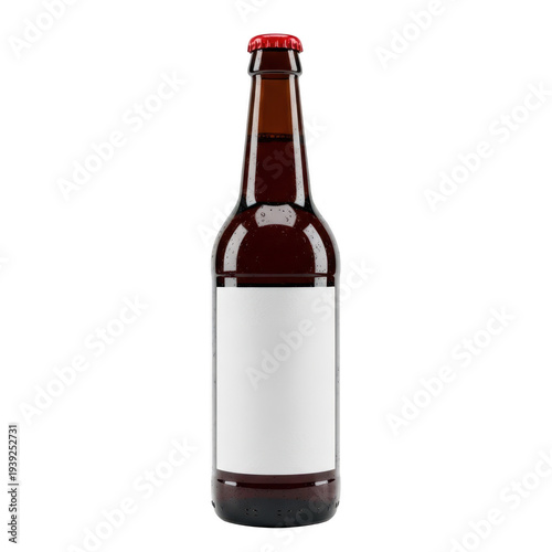 Single empty beer bottle with red cap isolated on transparent background