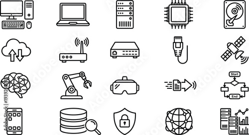 Collection of various computer and technology icons on a for design and development purposes