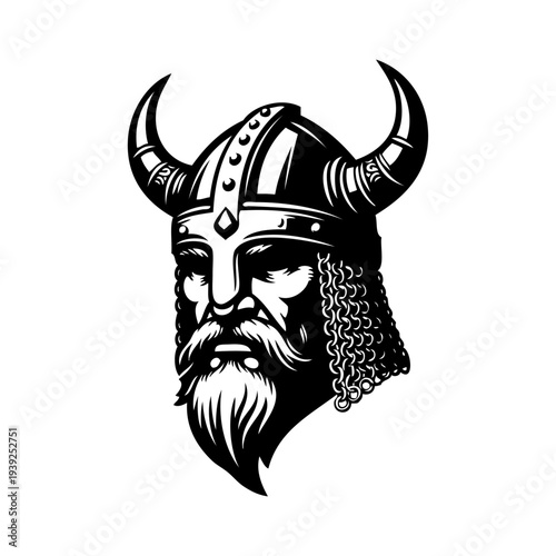Logo vikingo nórdico. Icono con guerrero nórdico con casco bárbaro con cuernos
