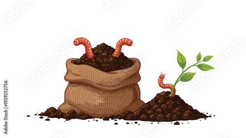 A brown burlap sack filled with soil and earthworms, next to a small plant with a worm, symbolizing gardening and healthy soil.