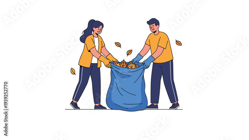 A happy couple cleans up fallen autumn leaves, collecting them in a large blue bag, symbolizing teamwork and seasonal chores.