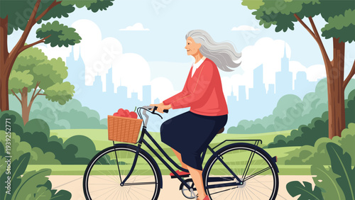 A happy elderly woman with white hair rides a bicycle with a basket of apples through a sunny green park with a cityscape background.