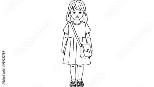 Black and white outline vector illustration of a young girl standing, wearing dress and sandals with a shoulder bag, simple line art character on white