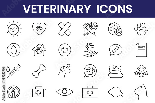 Pet care and veterinary line icon set. Contains such icons as pets, medical history, health care, vet, vaccines, test, dental care, antiphrastic, diagnosis, x ray, veterinary clinic and more.