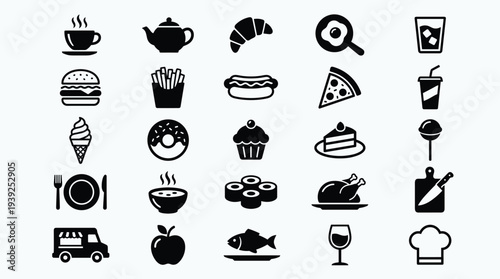Black and white icons of various food and drink items