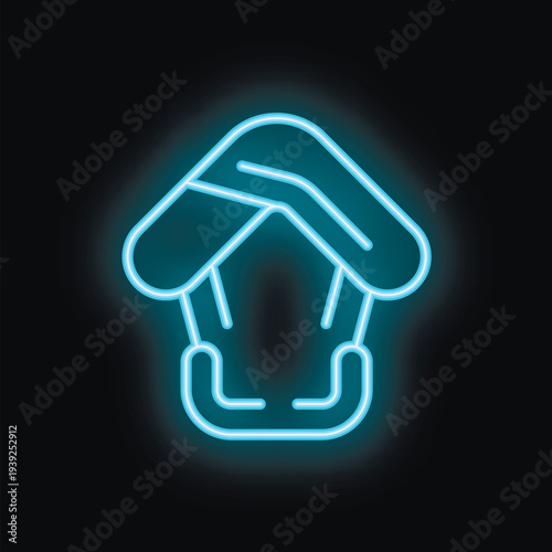 Blue neon icon of a hang gliding equipment glowing on black background