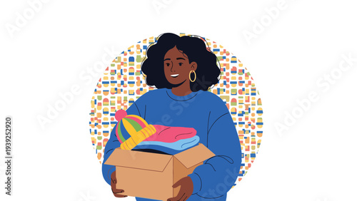 A happy woman holds a box of donated warm clothes and hats, symbolizing charity, community support, and generosity.