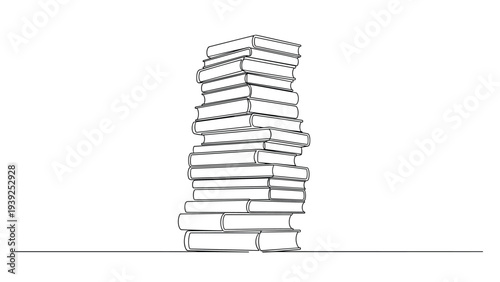 A continuous line drawing of a tall stack of books, symbolizing education, knowledge, and intellectual pursuits in a minimalist style.