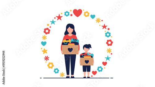 A mother and child hold donation boxes with clothes, surrounded by a colorful floral and heart wreath, symbolizing charity and family giving.