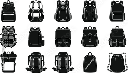 Collection of various backpacks and school bags in black silhouette