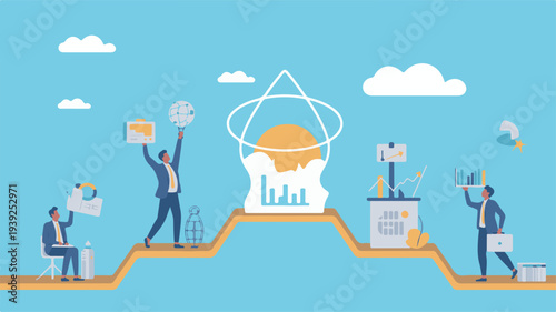 Business professionals collaborating on a consistency concept with charts and graphs in a modern office environment from a high viewpoint