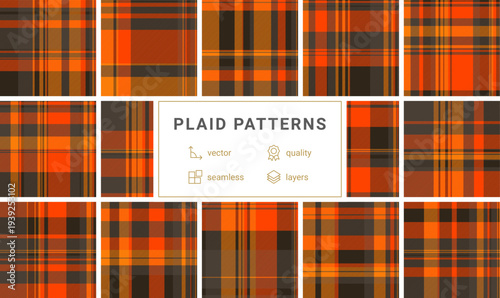 This bold orange and dark brown plaid pattern evokes a warm, rustic aesthetic. Ideal for fall backgrounds, textile designs, and seasonal marketing projects seeking a cozy, classic texture.
