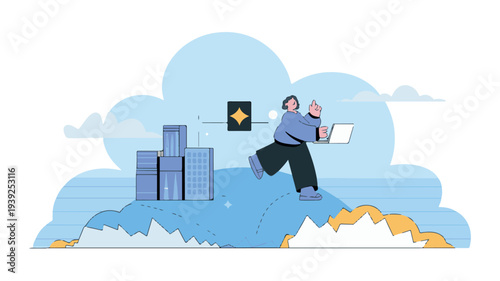 Business professional standing on cloud analyzing data with buildings in the background