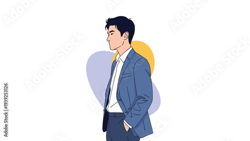 Elegant and confident man in a stylish blue suit, portrayed in a side profile, exuding professionalism and modern fashion, against a minimalist background.