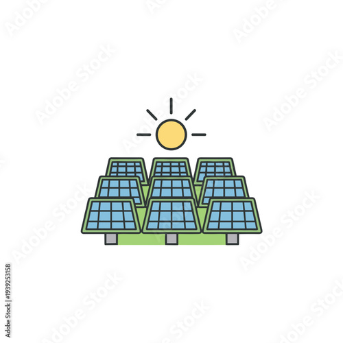 Solar panels arranged in grid format beneath a bright sun  
