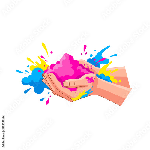 Hands holding a handful of pink powder with colorful splashes  
