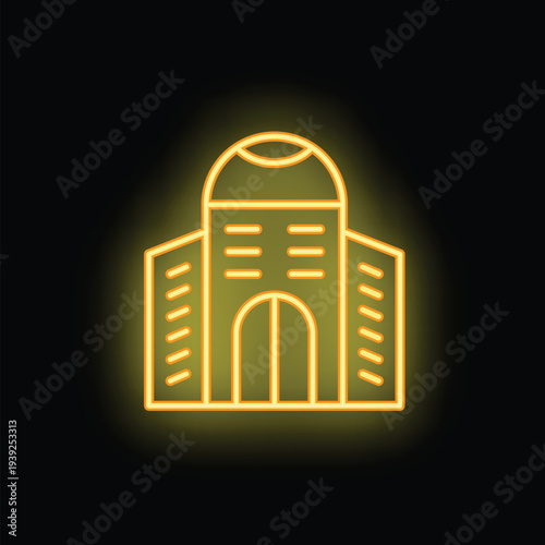 Yellow neon sign representing a government building with columns and a dome on top, isolated on a black background