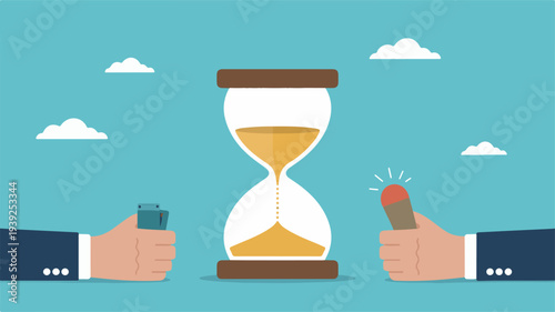 Hands holding money and lightbulb beside hourglass depicting business patience concept in a serene environment