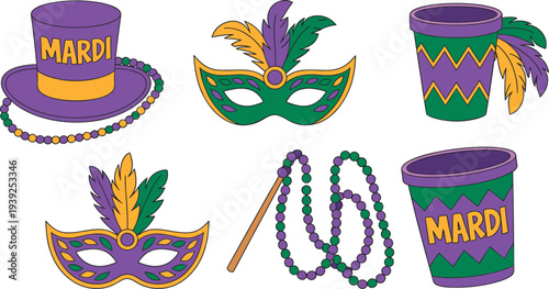 Mardi Gras carnival elements collection with masks beads hat cups and feathers purple green gold festive vector illustration isolated on white background