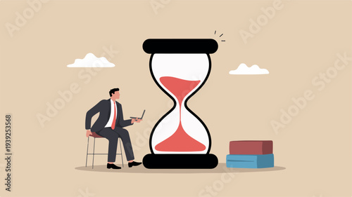 Man sitting beside a large hourglass, contemplating the concept of patience and time management in a serene environment.