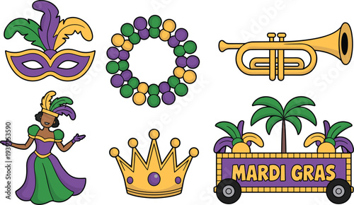 Mardi Gras carnival elements set with mask beads trumpet crown parade float dancer festive purple green gold vector illustration isolated background