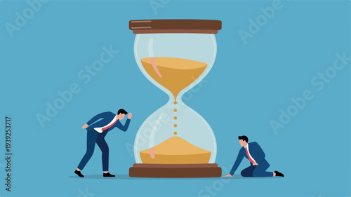 Business professionals waiting patiently beside a large hourglass, symbolizing the concept of patience in business, illustrated in a vector graphic.