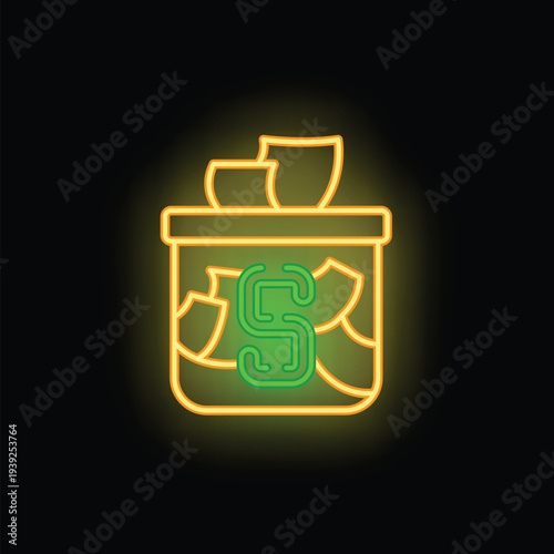 Neon sign illuminating a charity box overflowing with cash for a fundraising event