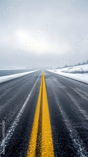 Snow-covered road leading into foggy landscape during winter season
