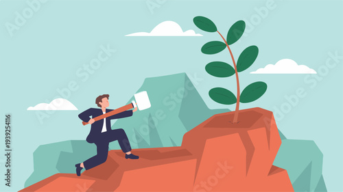 Illustration of a businessman using a magnifying glass to inspect a growing plant on a rocky cliff, symbolizing growth after failure