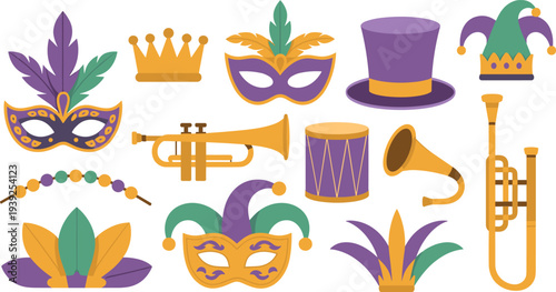 Mardi Gras carnival icon set with masks, trumpet, beads, crown, drum, jester hat and festive parade elements in purple, green and gold vector illustration