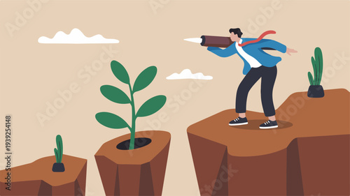 Man standing on cliff looking through telescope at growing plants on separate rocky outcrops in a conceptual illustration of growth after failure