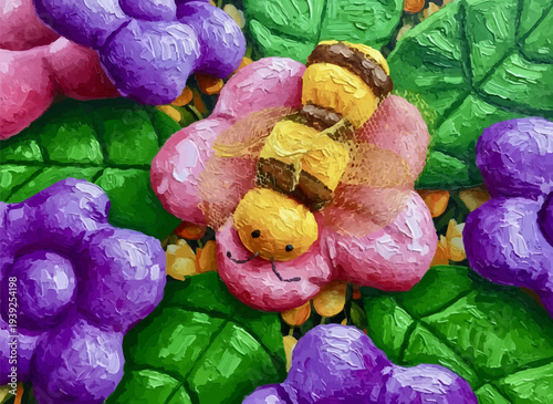 3D plush bee sitting on pink flower framed by purple flowers and green leaves on yellow tulip pattern; vector illustration with AI-generated oil painting effect for spring and summer natural designs.