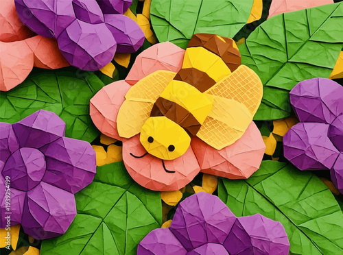 3D bee sitting on pink flower framed by purple flowers and green leaves on yellow tulip pattern; vector illustration with AI-generated paper origami effect for spring and summer natural designs.