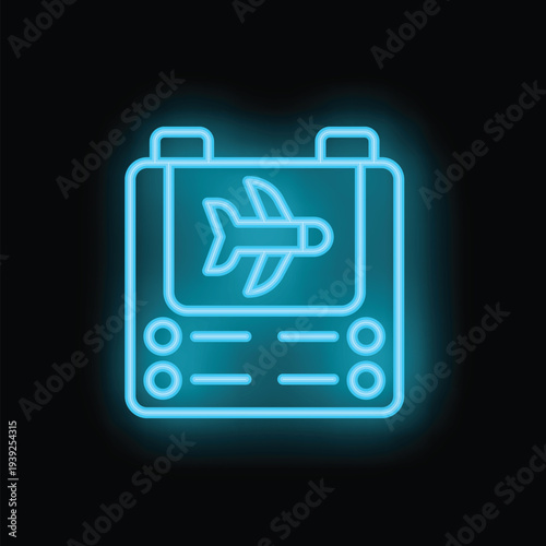 Blue neon icon of an airport check in screen displaying an airplane taking off, on a black background
