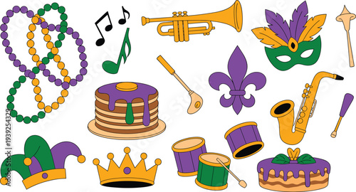 Mardi Gras elements collection with beads, mask, crown, musical instruments, cake and drums, colorful carnival festival clipart set isolated on white background for celebration design