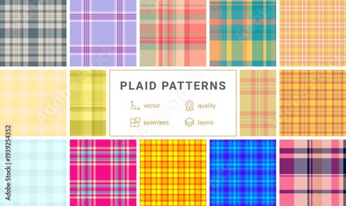 Plaid pattern set for warm weather fashion. Perfect for layering, vacation outfits, and summer home textiles. Seamless vectors print clean.