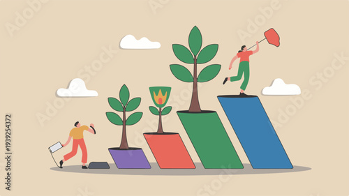 Growing business values concept with people nurturing plants on ascending graphs
