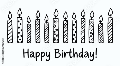 A black and white illustration of birthday candles with happy birthday text