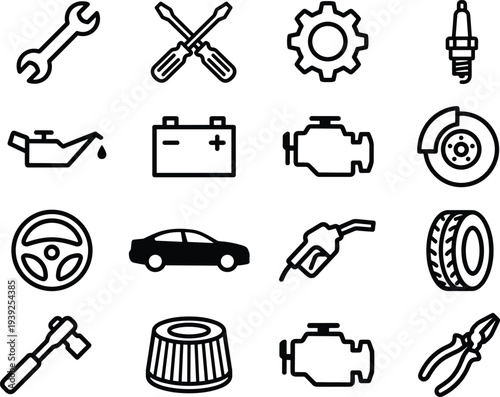 Black and white line icons set of car service and repair tools and parts